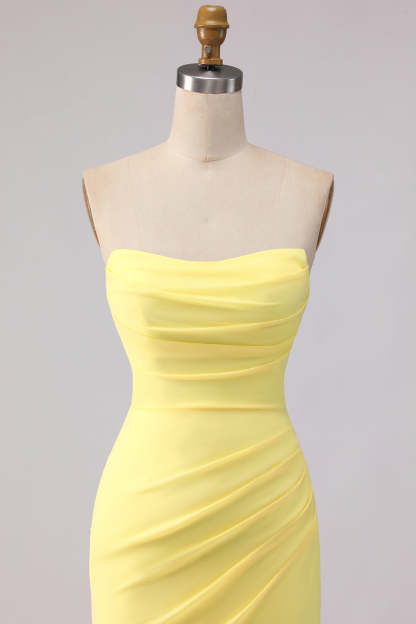 Yellow Mermaid Chiffon Ruched Strapless Long Bridesmaid Dress
