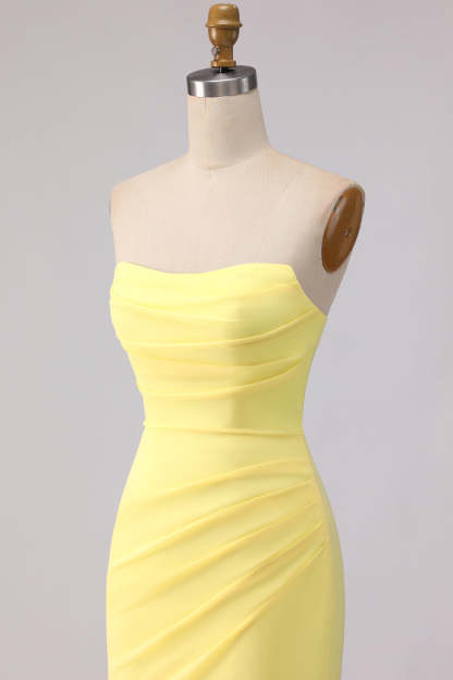 Yellow Mermaid Chiffon Ruched Strapless Long Bridesmaid Dress