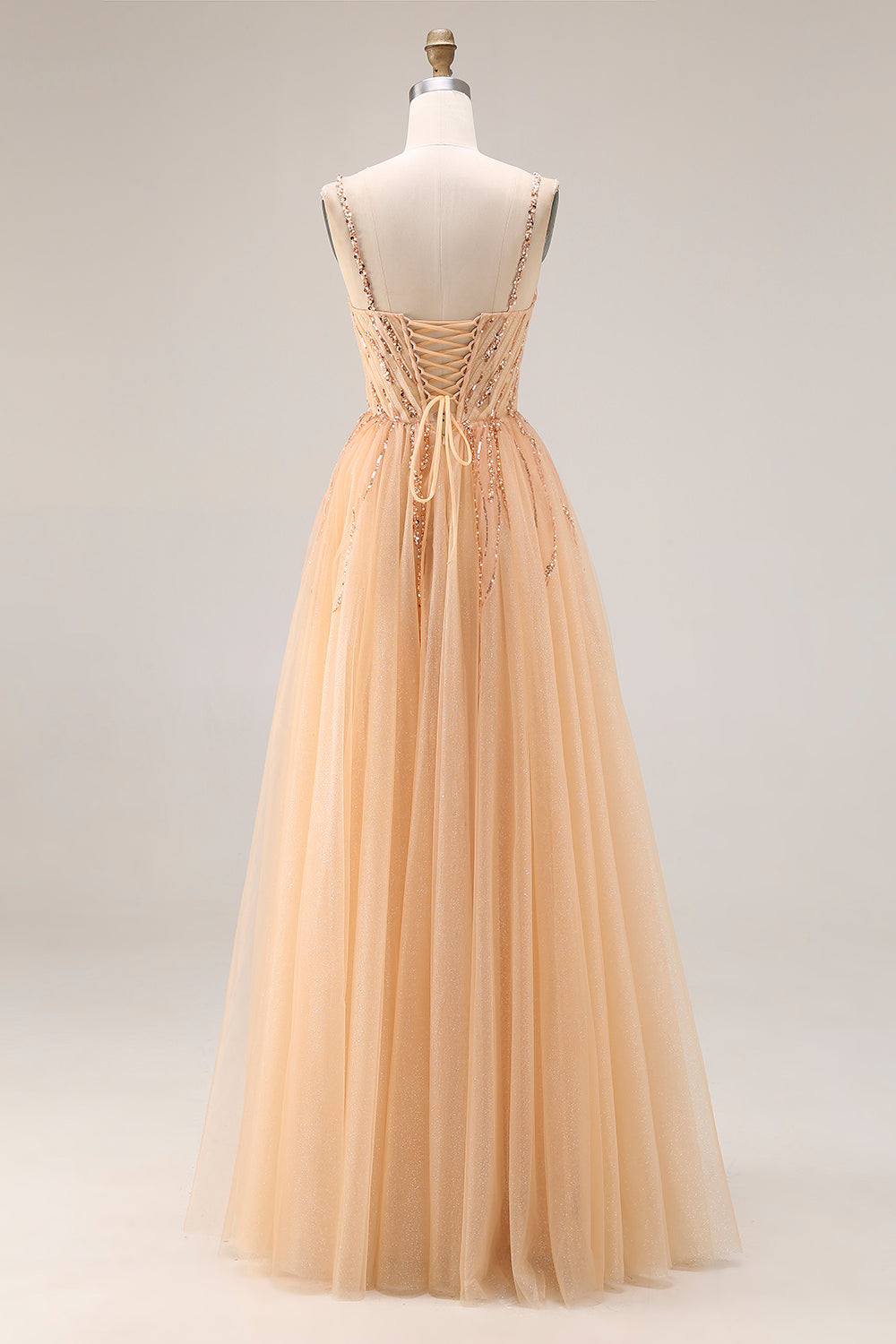 Peach Spaghetti Straps Tulle A Line Long Prom Dress with Beading