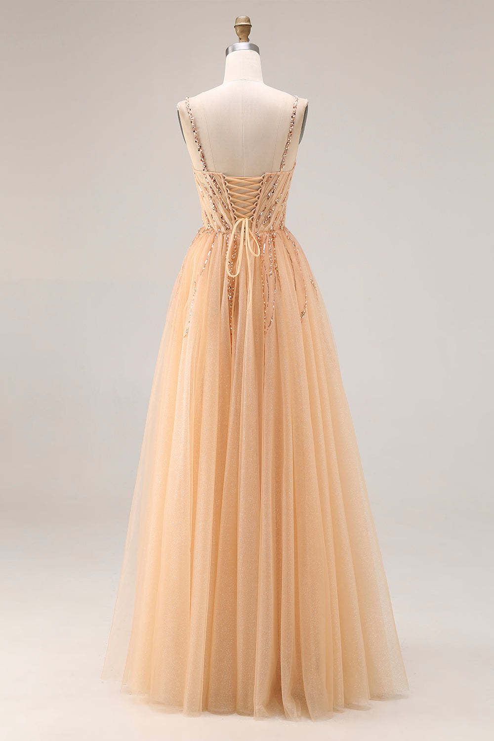 Peach Spaghetti Straps Tulle A Line Long Prom Dress with Beading