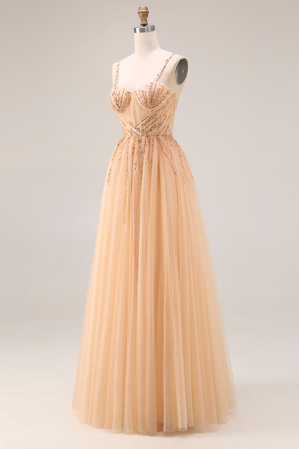 Peach Spaghetti Straps Tulle A Line Long Prom Dress with Beading