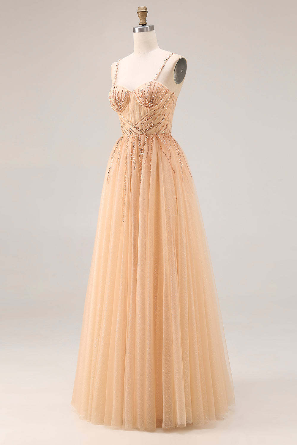 Peach Spaghetti Straps Tulle A Line Long Prom Dress with Beading