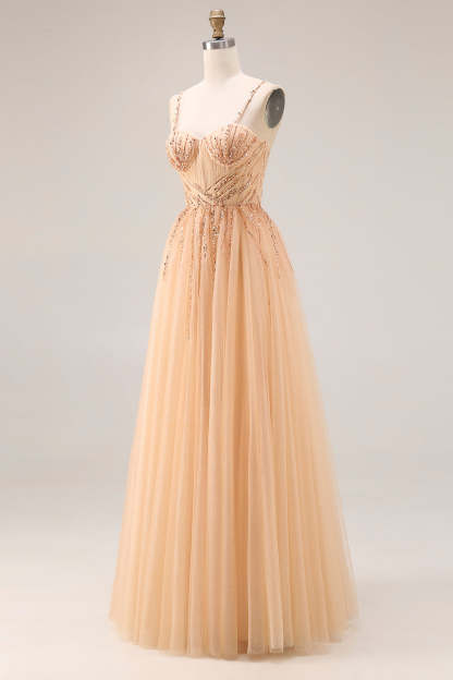 Peach Spaghetti Straps Tulle A Line Long Prom Dress with Beading