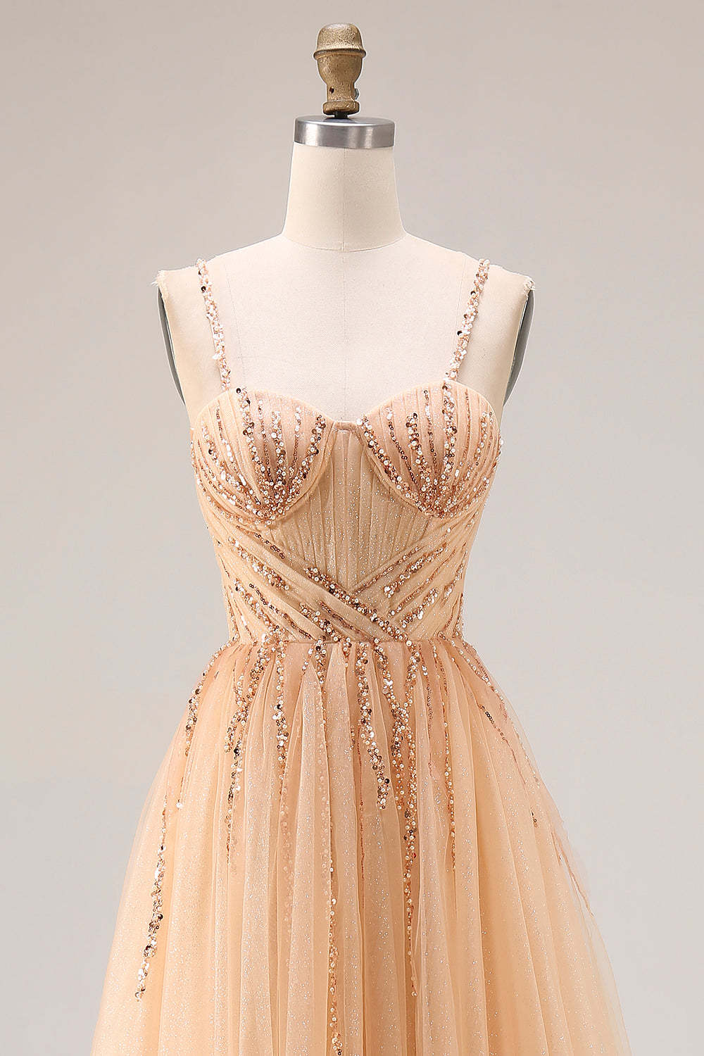 Peach Spaghetti Straps Tulle A Line Long Prom Dress with Beading
