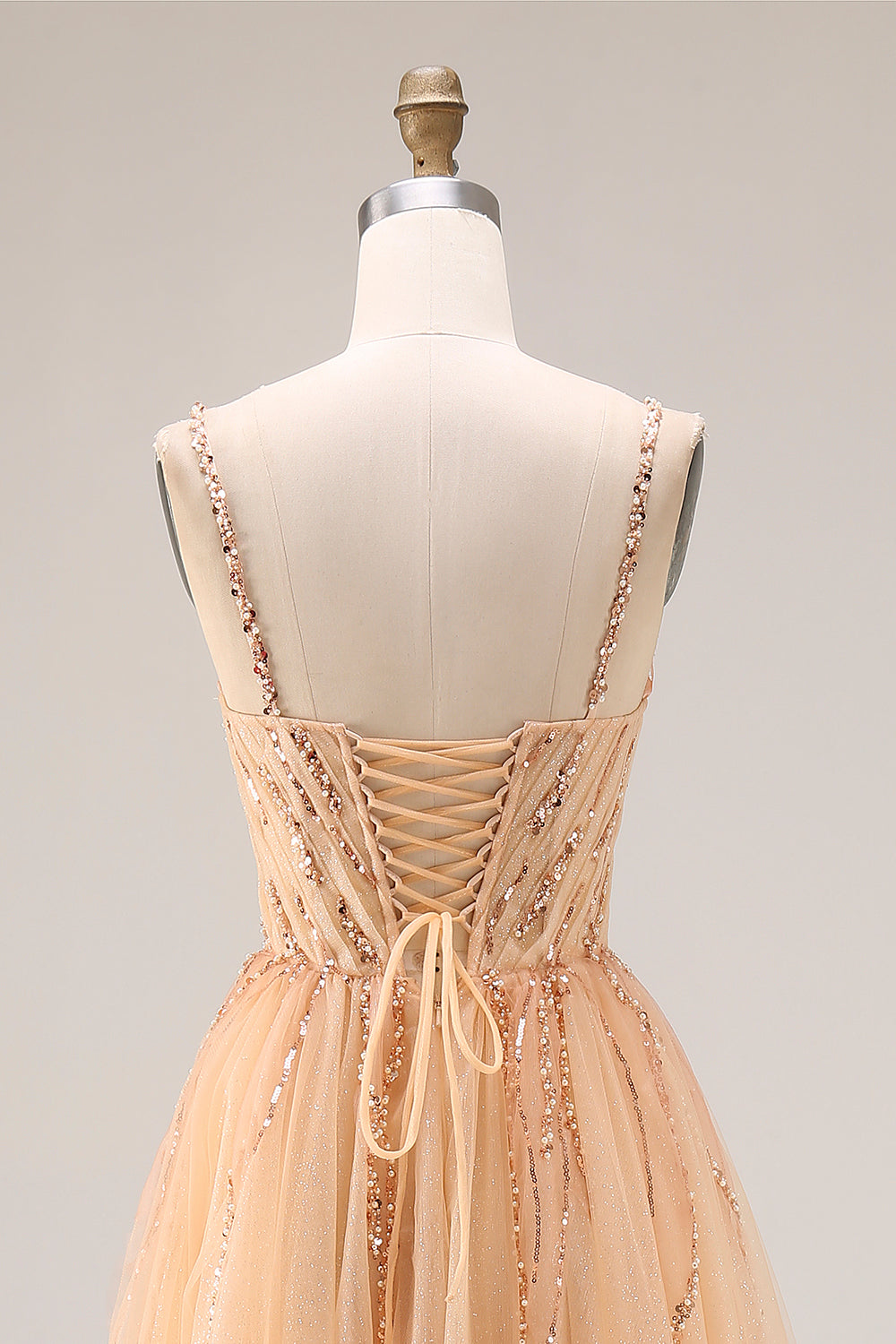 Peach Spaghetti Straps Tulle A Line Long Prom Dress with Beading
