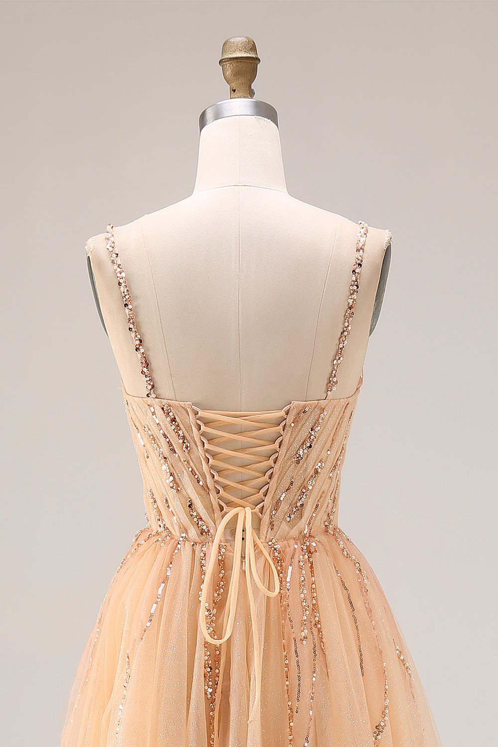Peach Spaghetti Straps Tulle A Line Long Prom Dress with Beading