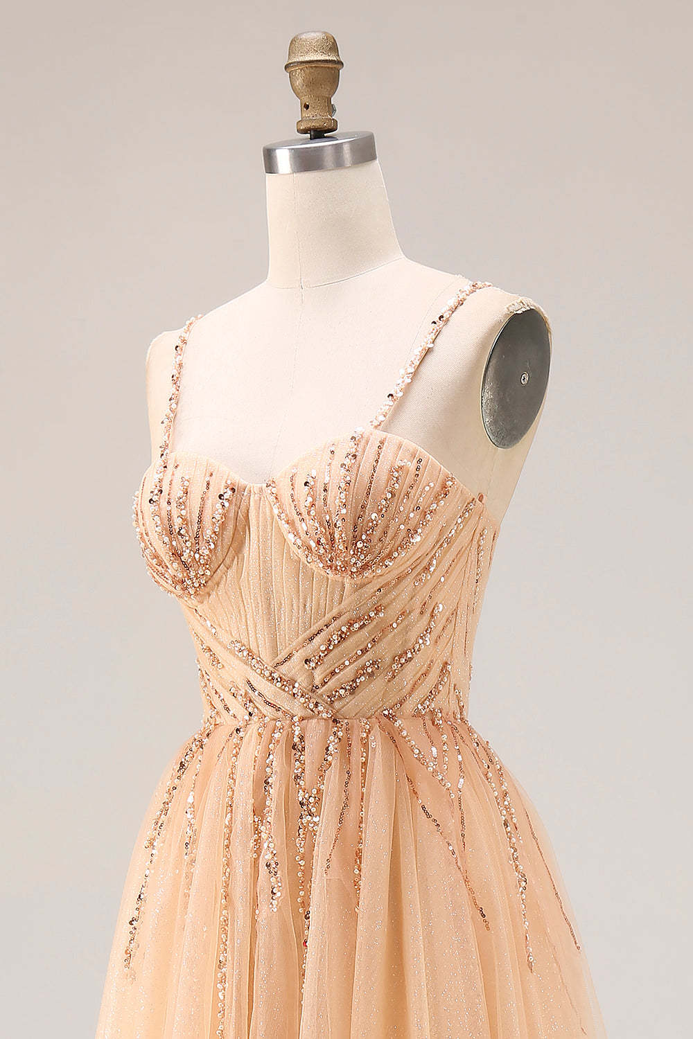 Peach Spaghetti Straps Tulle A Line Long Prom Dress with Beading