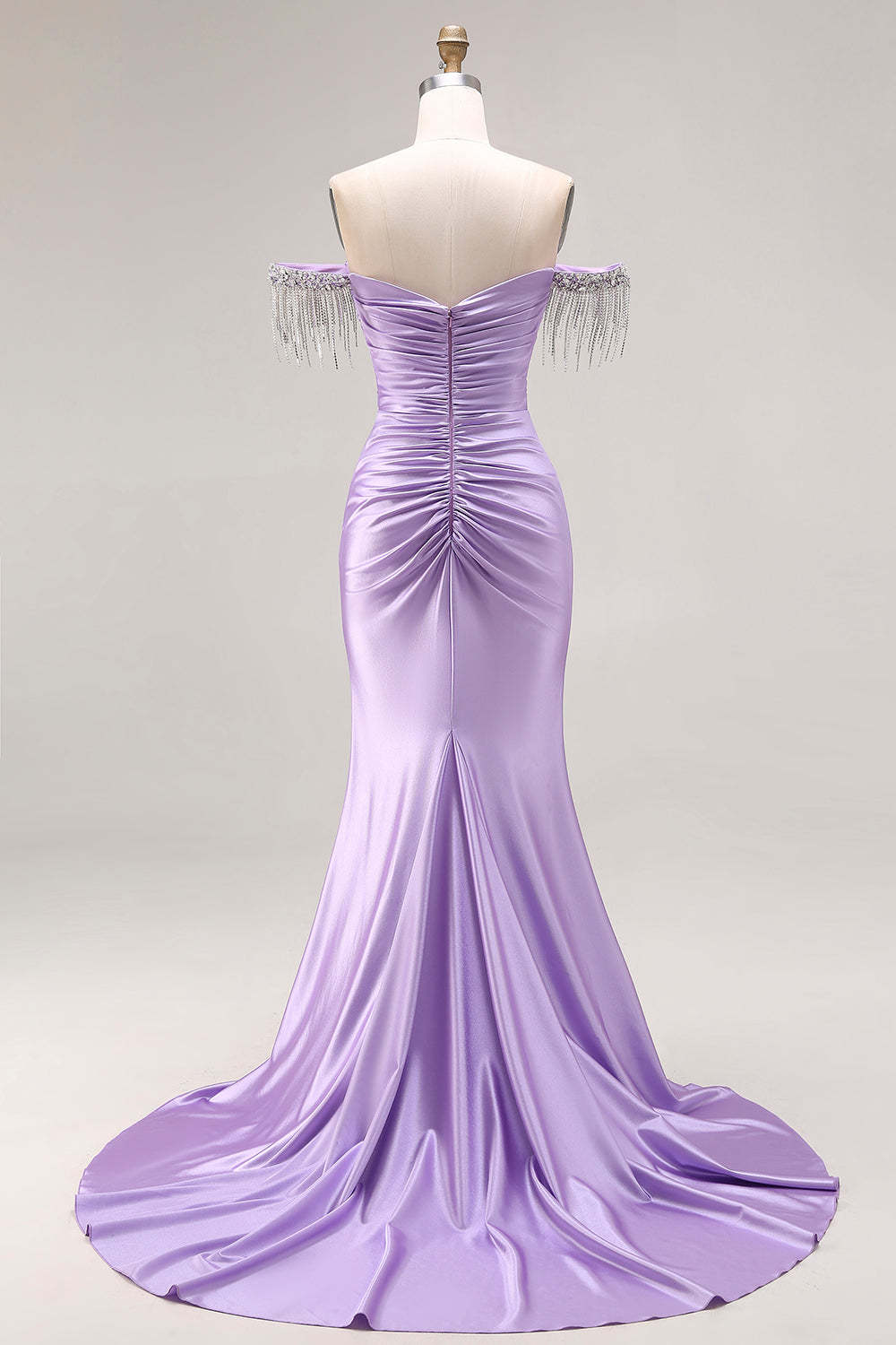 Sparkly Light Purple Mermaid Off the Shoulder Prom Long Dress with Fringes