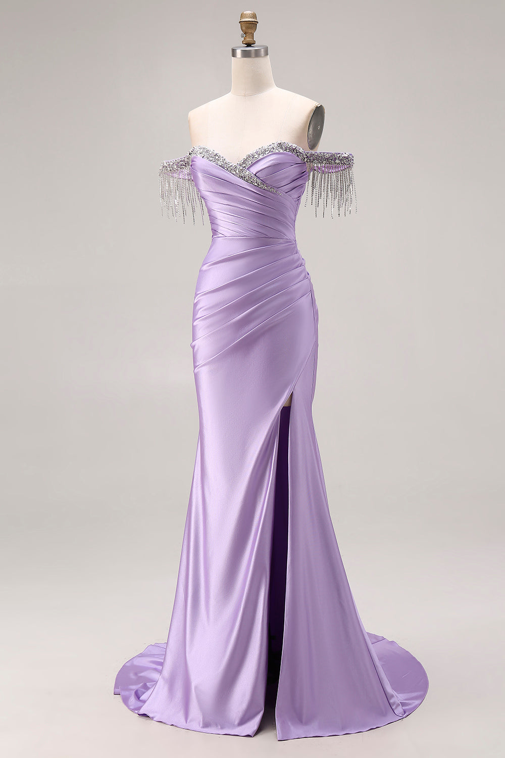 Sparkly Light Purple Mermaid Off the Shoulder Prom Long Dress with Fringes