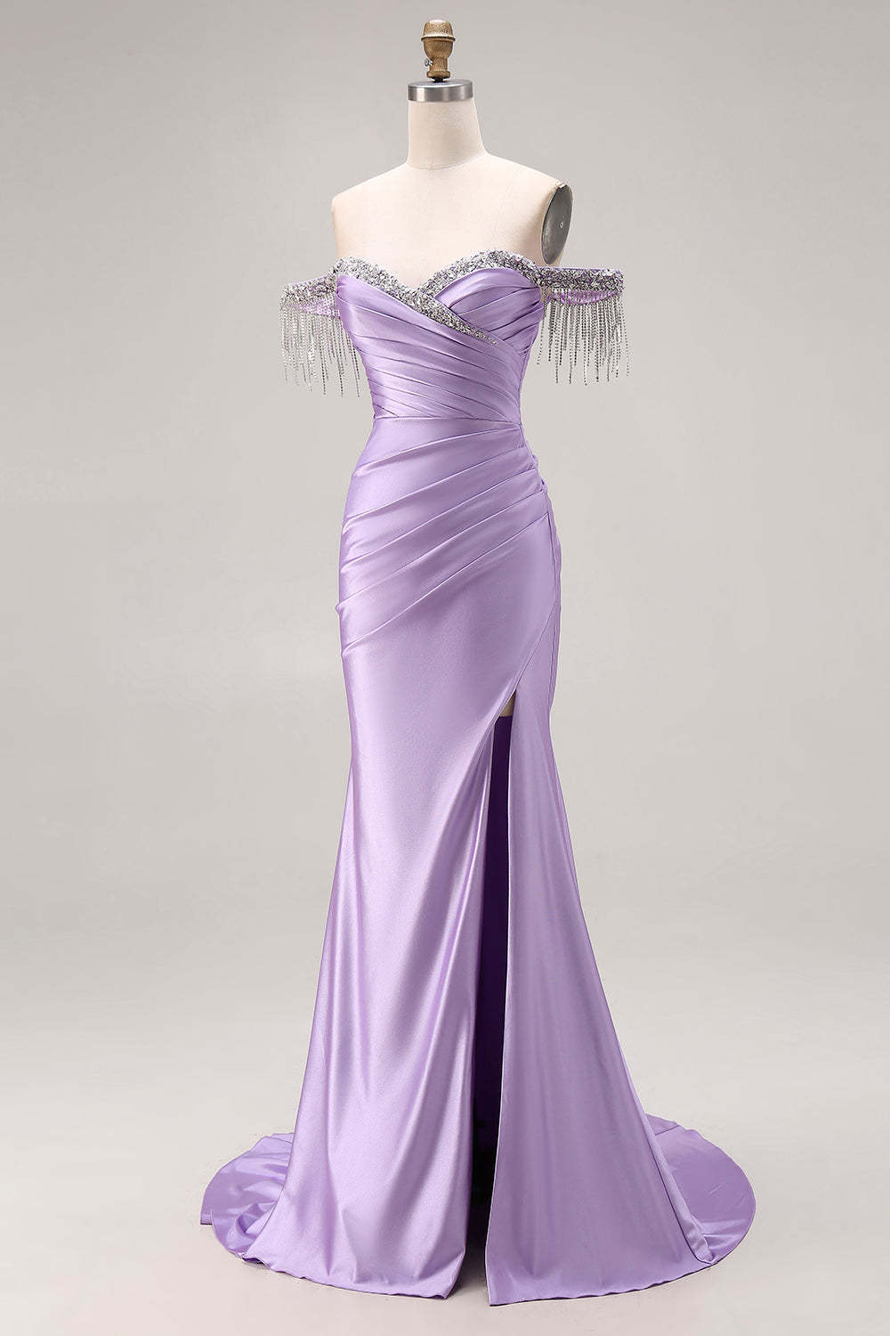 Sparkly Light Purple Mermaid Off the Shoulder Prom Long Dress with Fringes
