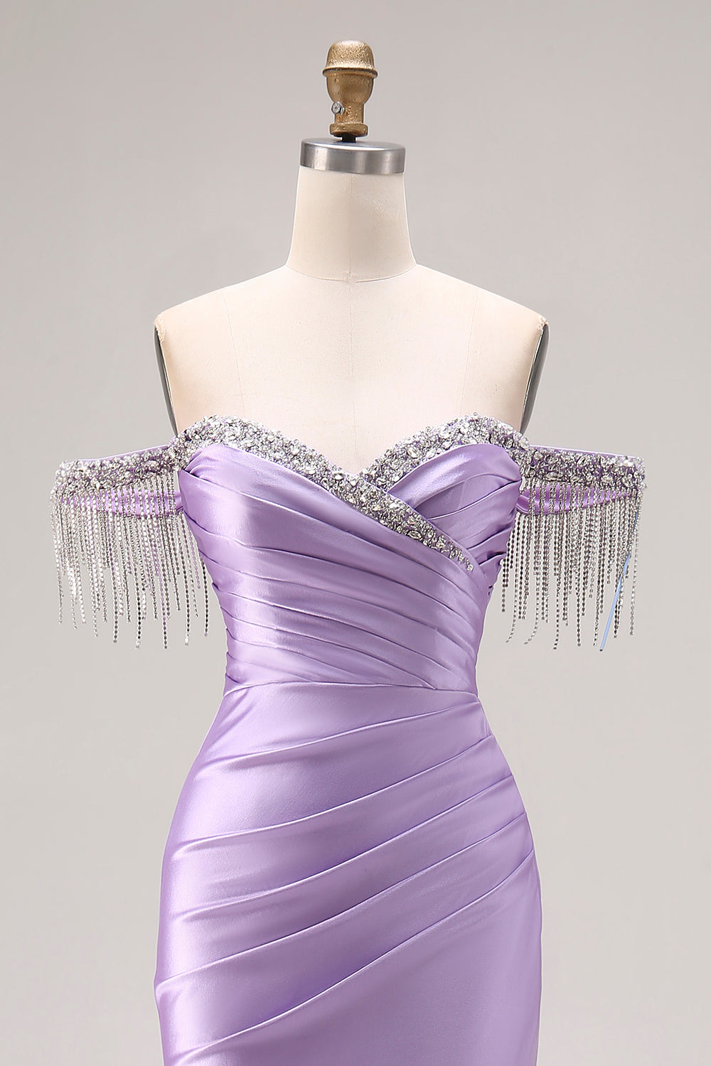 Sparkly Light Purple Mermaid Off the Shoulder Prom Long Dress with Fringes