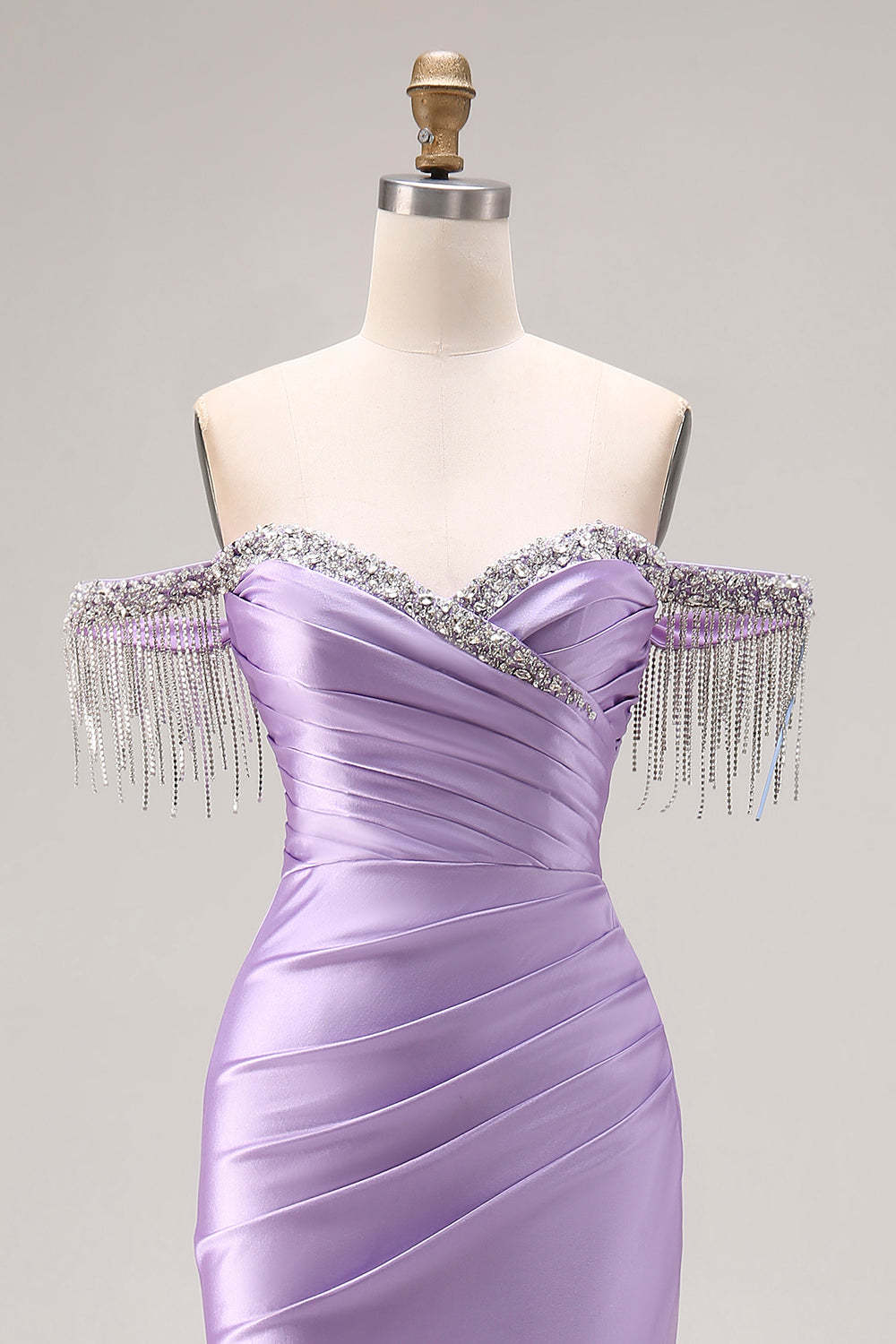 Sparkly Light Purple Mermaid Off the Shoulder Prom Long Dress with Fringes