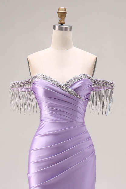 Sparkly Light Purple Mermaid Off the Shoulder Prom Long Dress with Fringes