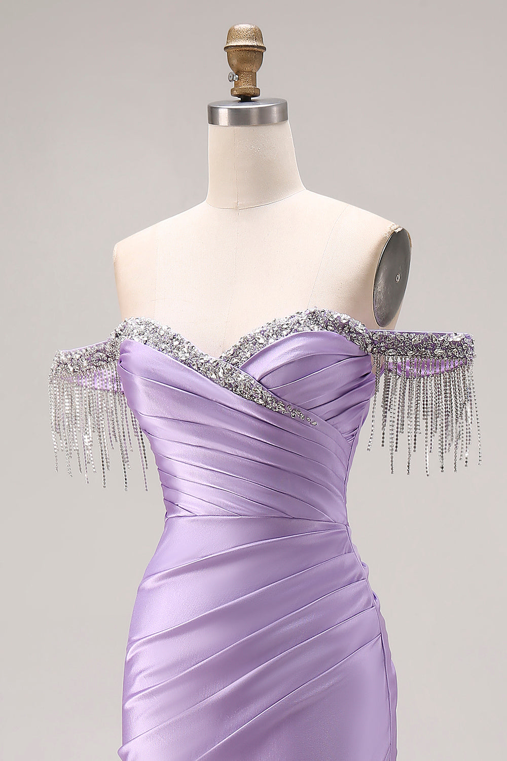 Sparkly Light Purple Mermaid Off the Shoulder Prom Long Dress with Fringes