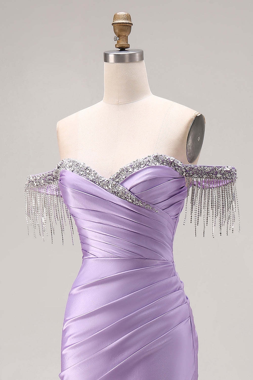 Sparkly Light Purple Mermaid Off the Shoulder Prom Long Dress with Fringes