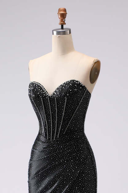 Sparkly Black Mermaid Beaded Sweetheart Maxi Corset Prom Dress
