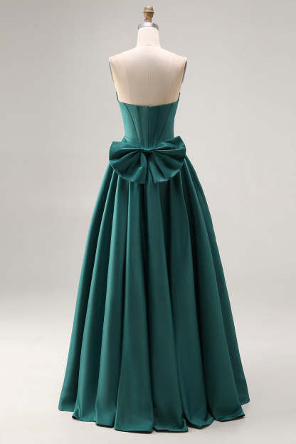 Sparkly Dark Green A-Line Sweetheart Long Prom Corset Dress with Bow
