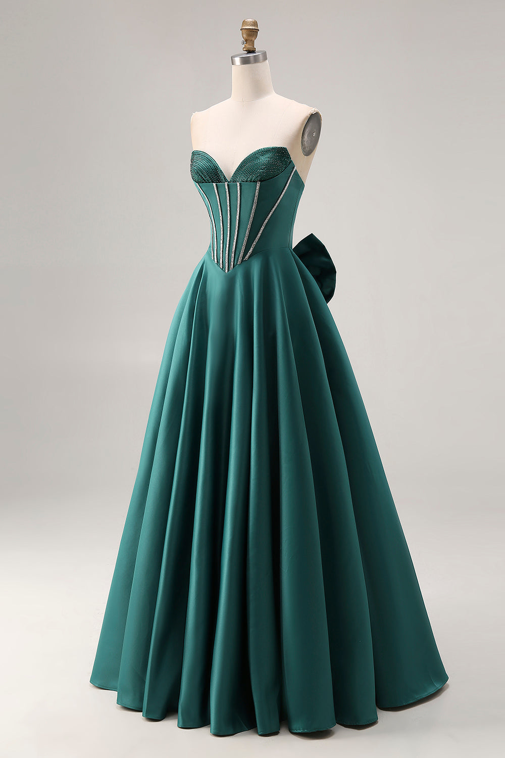 Sparkly Dark Green A-Line Sweetheart Long Prom Corset Dress with Bow