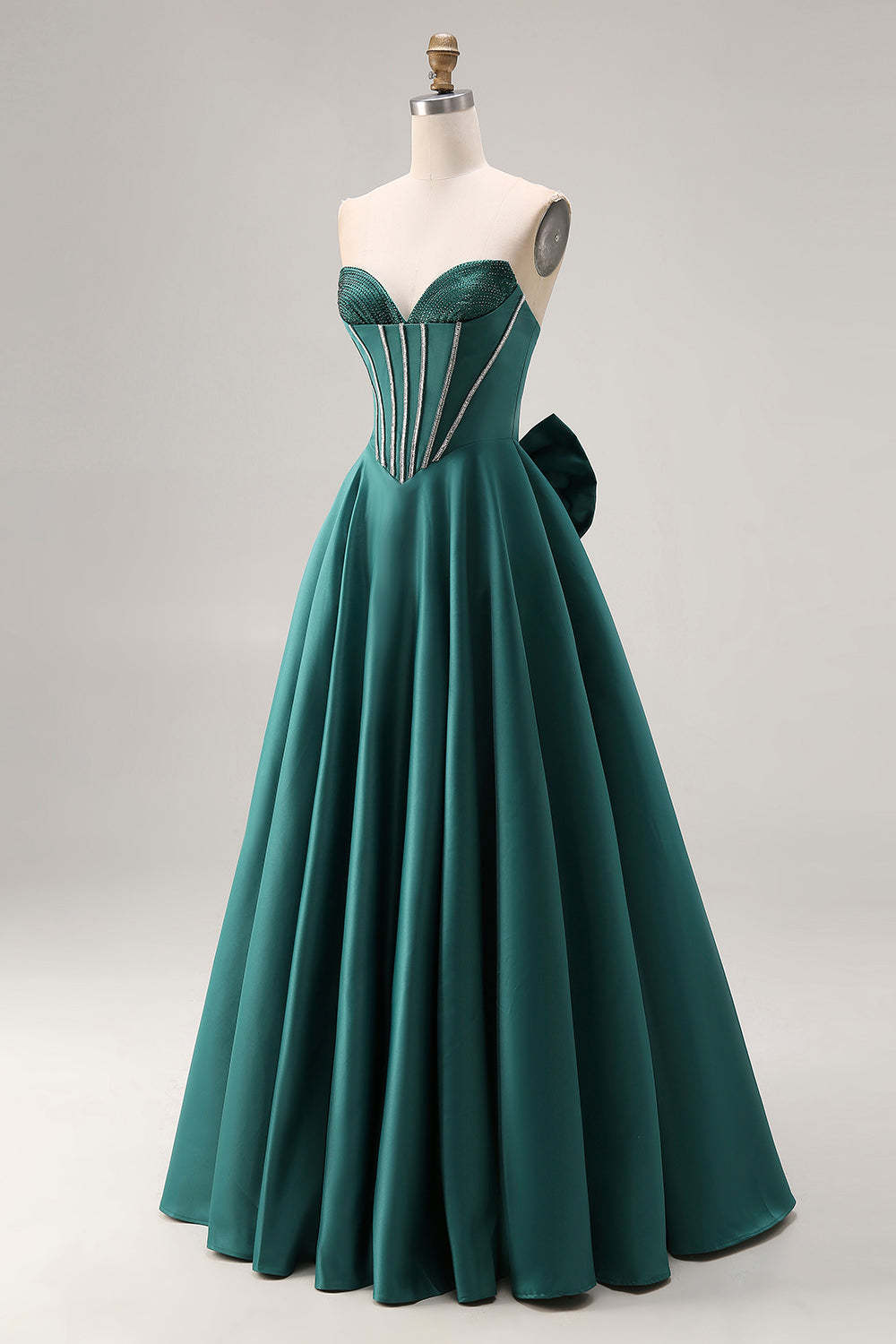 Sparkly Dark Green A-Line Sweetheart Long Prom Corset Dress with Bow