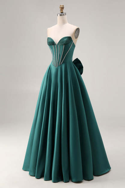 Sparkly Dark Green A-Line Sweetheart Long Prom Corset Dress with Bow