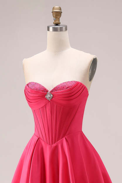 Sparkly Candy Pink A-Line Long Sweetheart Corset Prom Dress with Beading