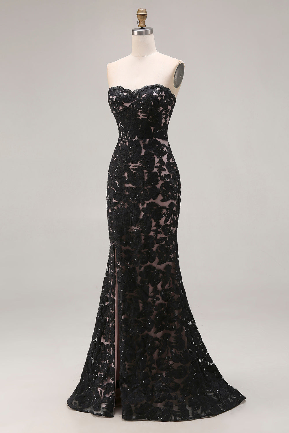 Black Mermaid Lace Strapless Long Prom Dress with Slit