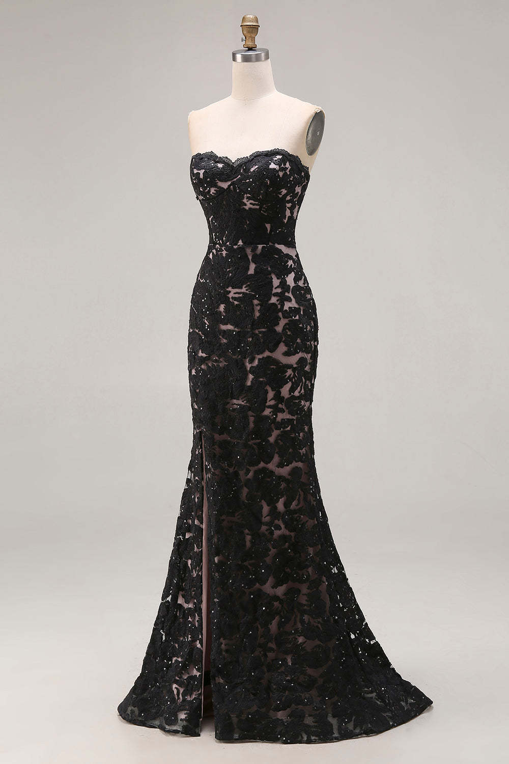 Black Mermaid Lace Strapless Long Prom Dress with Slit