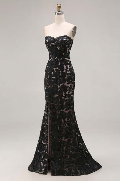 Black Mermaid Lace Strapless Long Prom Dress with Slit