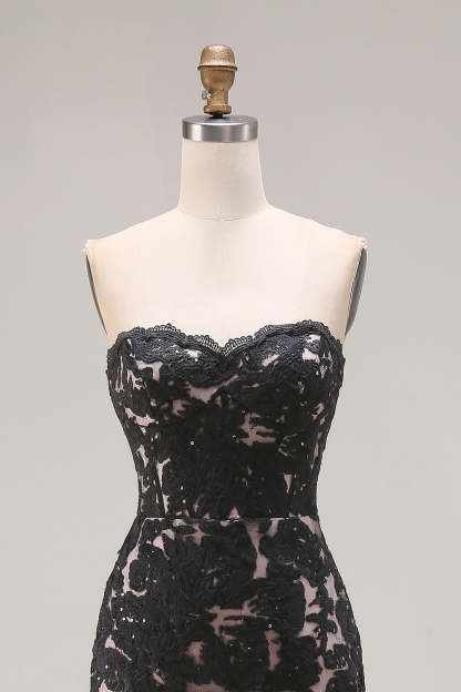 Black Mermaid Lace Strapless Long Prom Dress with Slit