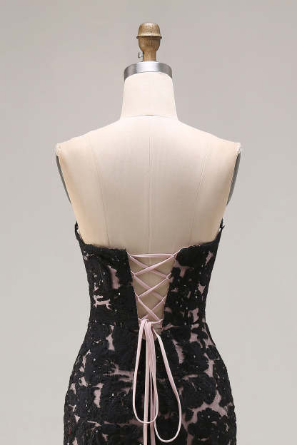 Black Mermaid Lace Strapless Long Prom Dress with Slit