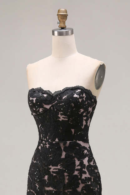 Black Mermaid Lace Strapless Long Prom Dress with Slit