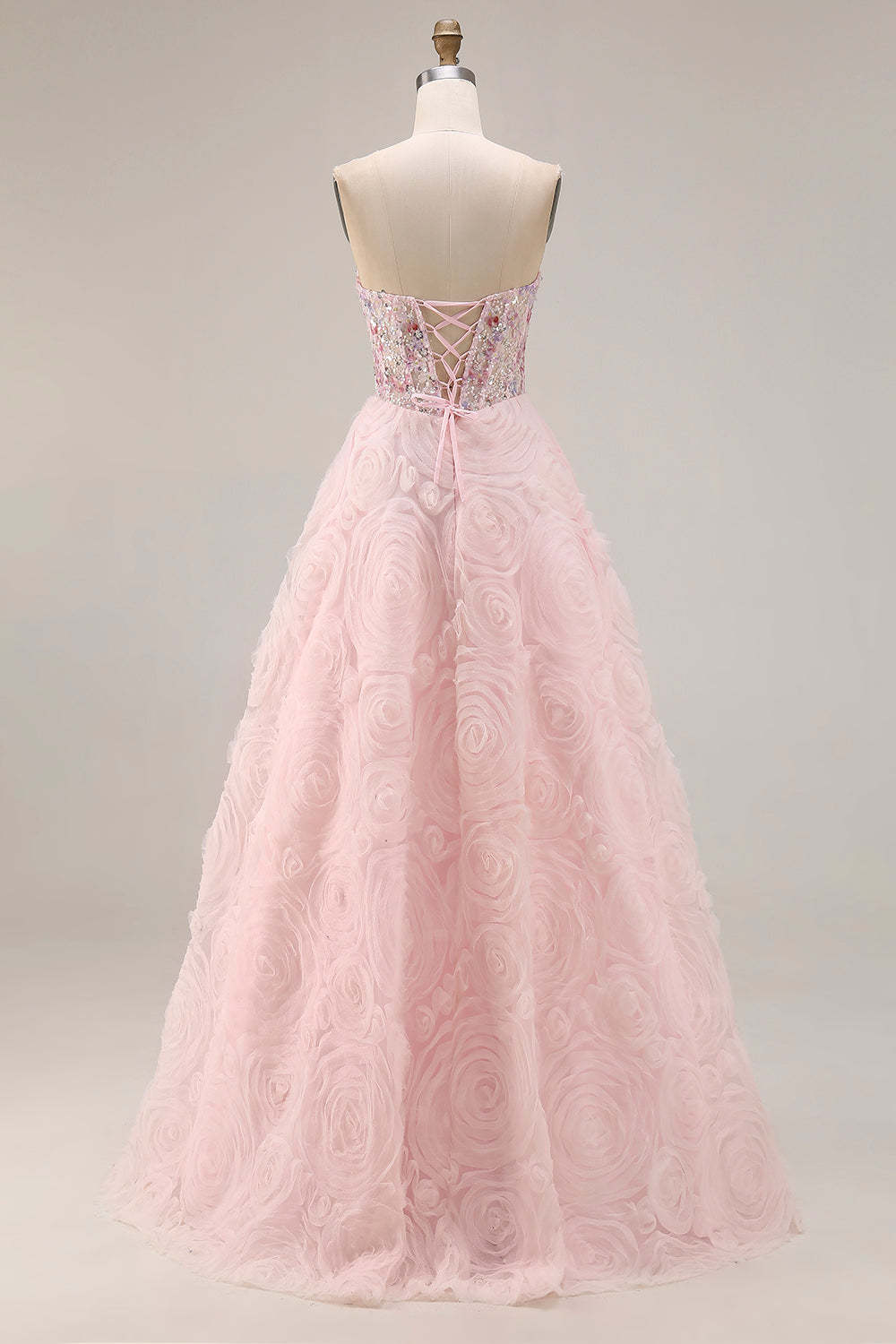 Floral Pink Tulle Sparkly A Line Long Corset Prom Dress with Beading
