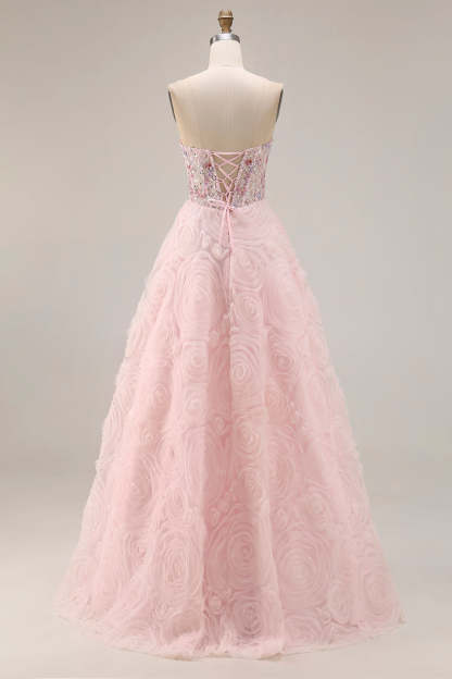 Floral Pink Tulle Sparkly A Line Long Corset Prom Dress with Beading