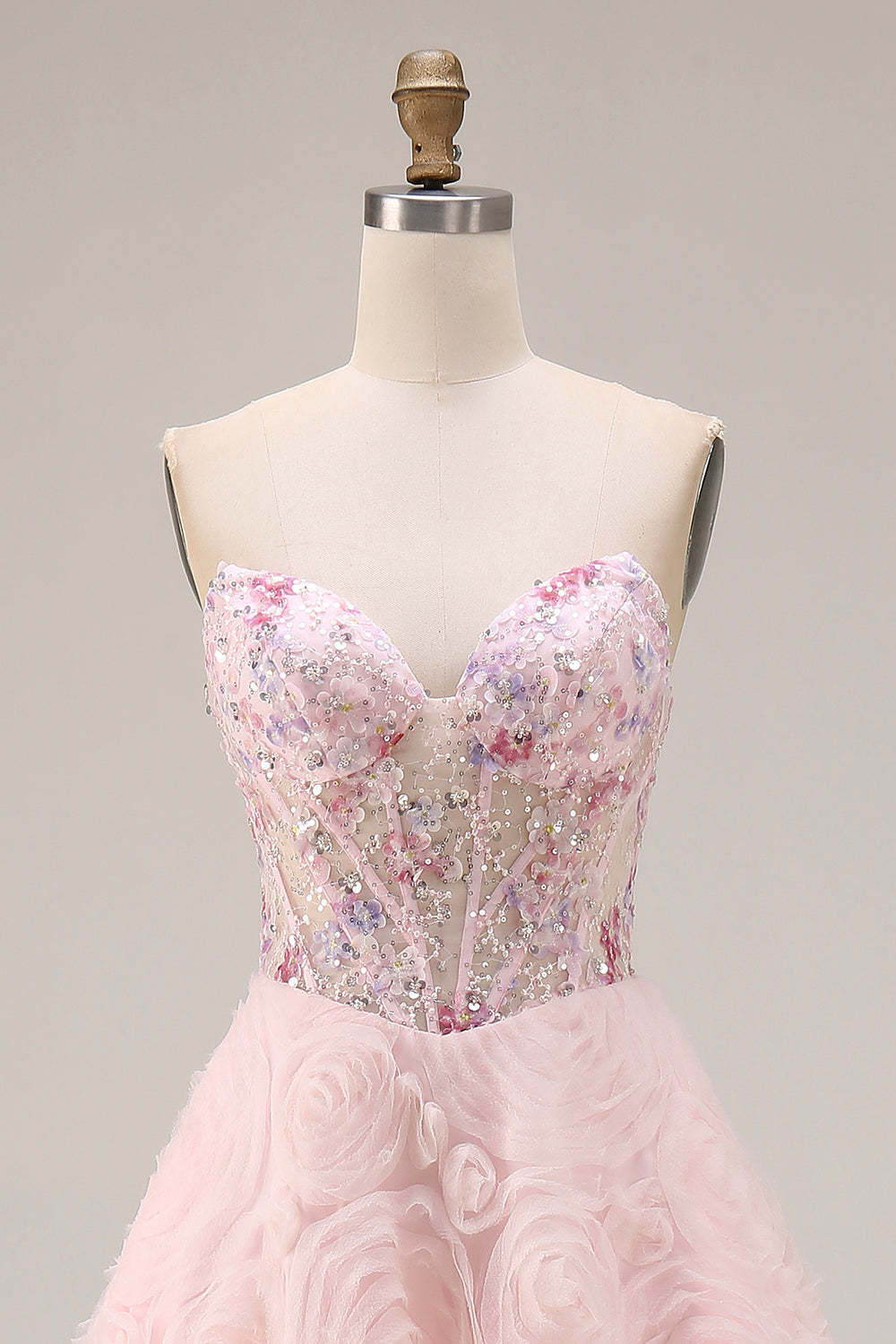 Floral Pink Tulle Sparkly A Line Long Corset Prom Dress with Beading