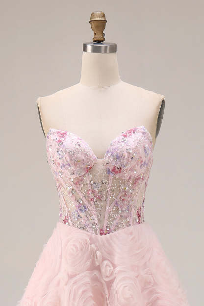 Floral Pink Tulle Sparkly A Line Long Corset Prom Dress with Beading