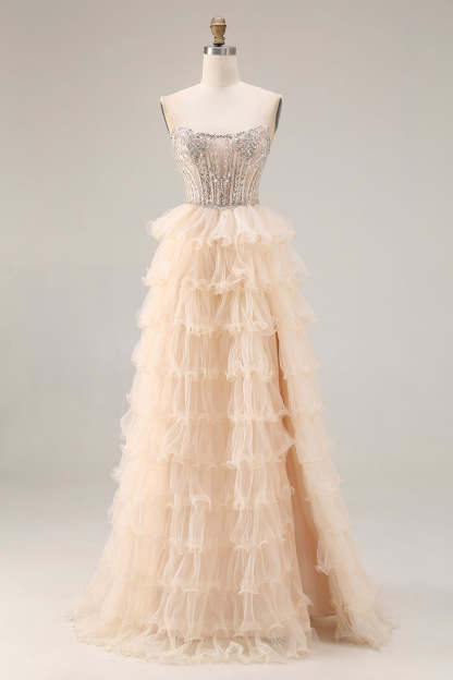 Leely Women Sparkly Apricot Tiered Long Corset Prom Dress with Slit Tulle Ruffled Lace Up Back A Line Strapless Pageant Dress with Beading