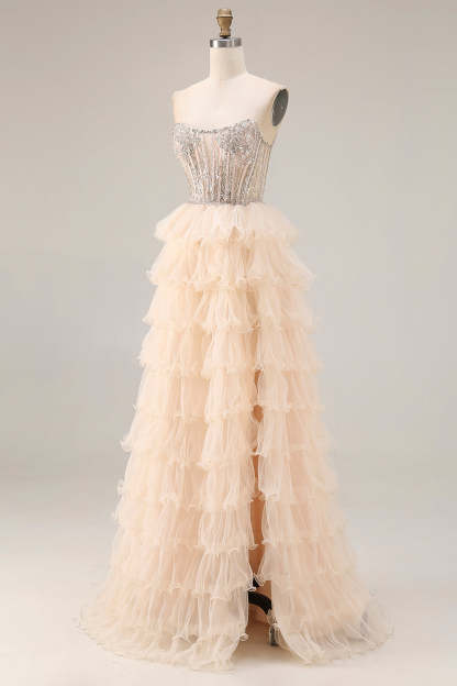 Sparkly Beaded Apricot Ruffled Tiered Long Corset Prom Dress with Slit