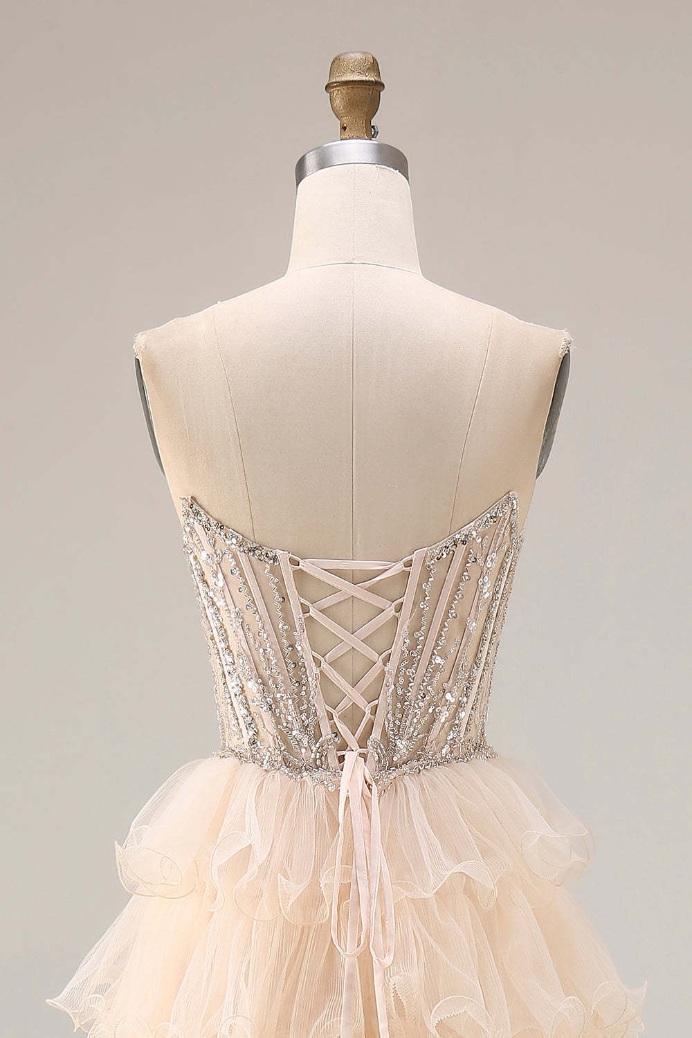 Sparkly Beaded Apricot Ruffled Tiered Long Corset Prom Dress with Slit