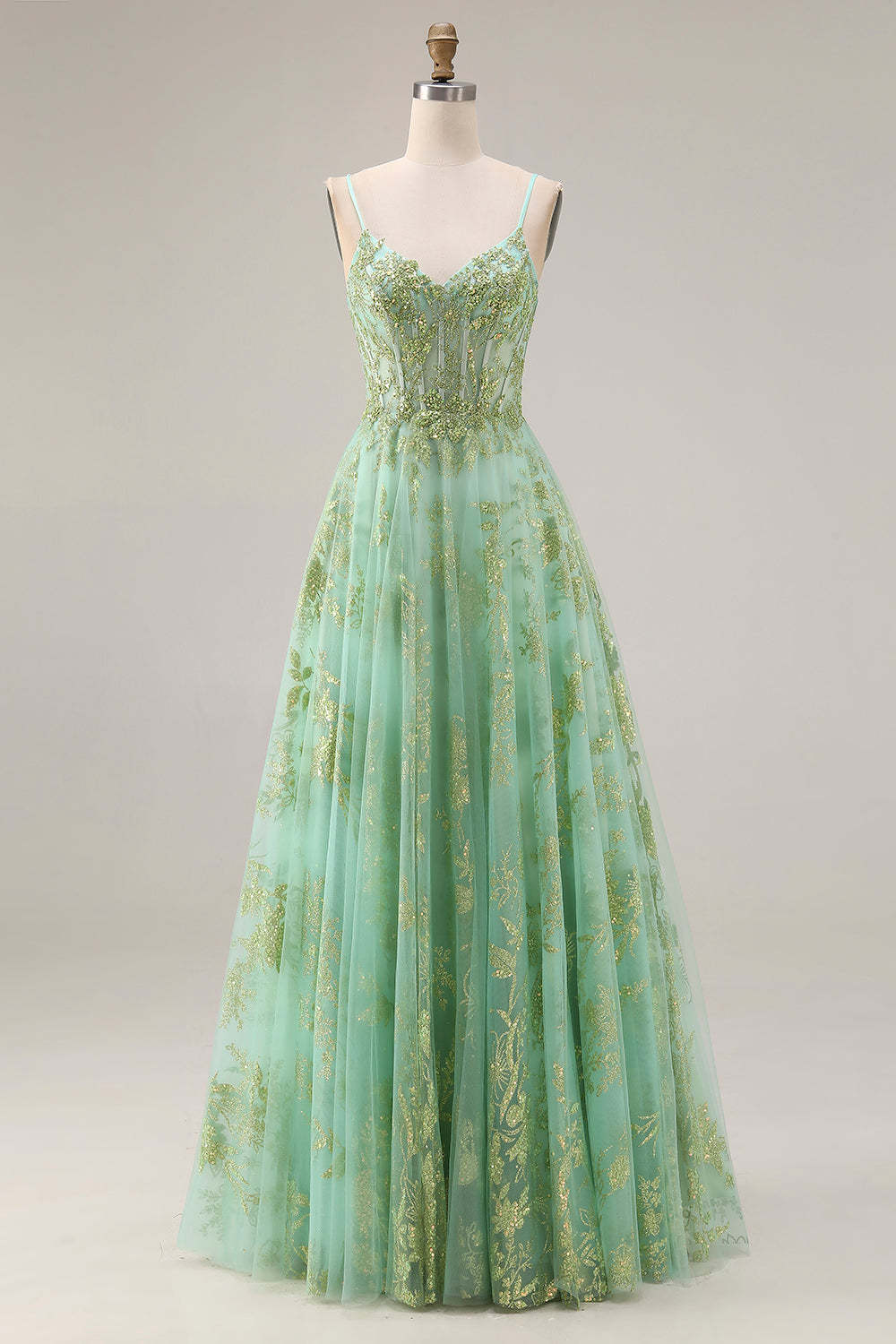 Leely Women Floral Green Tulle Long Corset Prom Dress Sparkly A Line Sequin Spaghetti Straps Pageant Dress