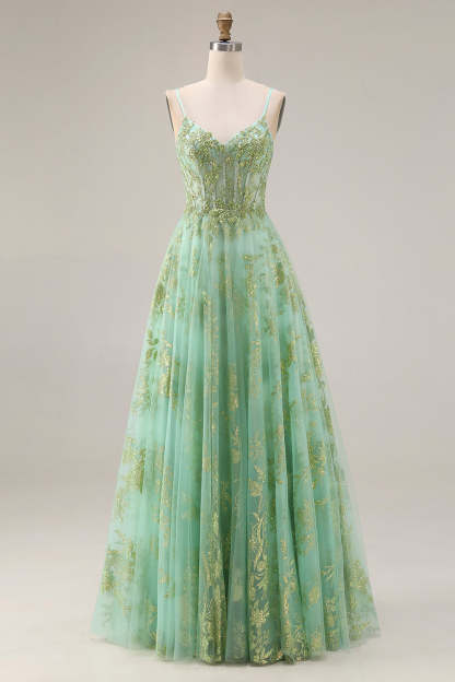 Leely Women Floral Green Tulle Long Corset Prom Dress Sparkly A Line Sequin Spaghetti Straps Pageant Dress