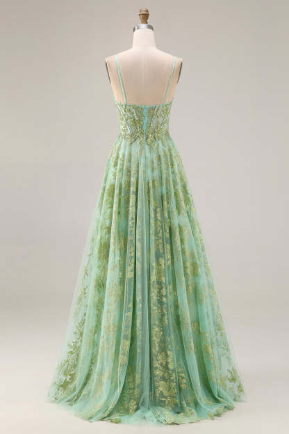 Floral Green A Line Sparkly Spaghetti Straps Long Corset Prom Dress