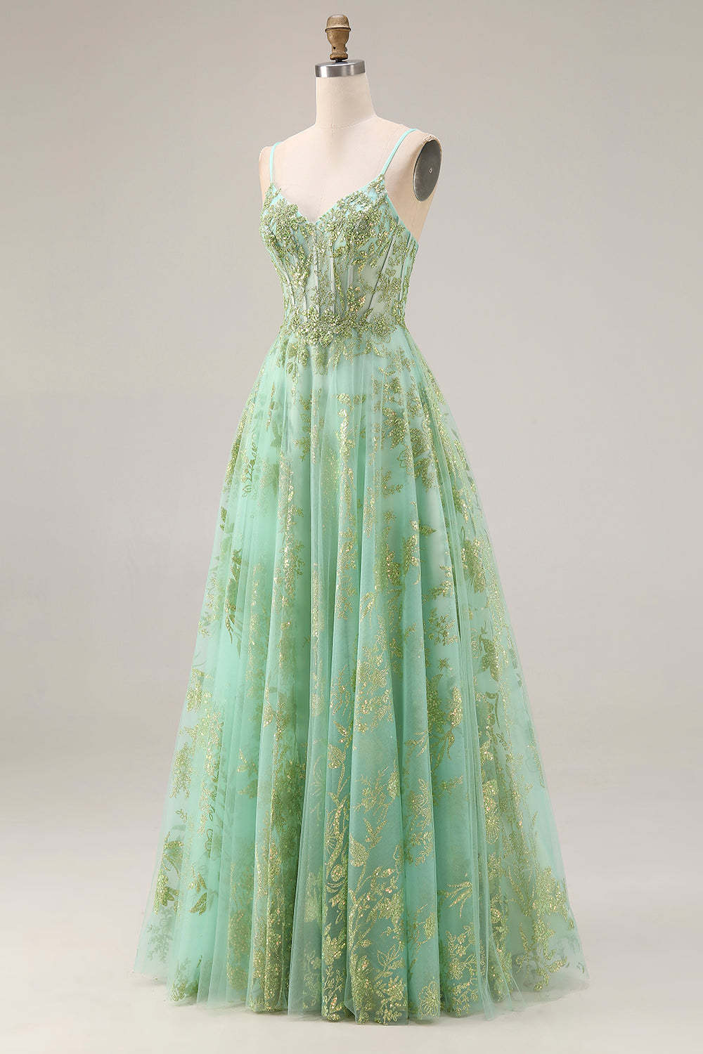 Floral Green A Line Sparkly Spaghetti Straps Long Corset Prom Dress