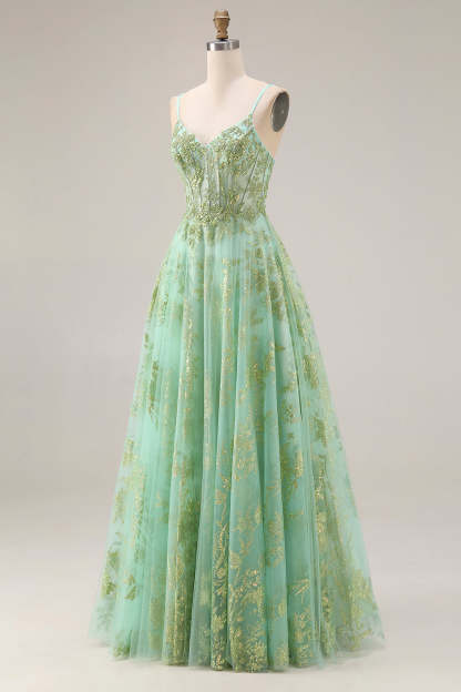 Floral Green A Line Sparkly Spaghetti Straps Long Corset Prom Dress