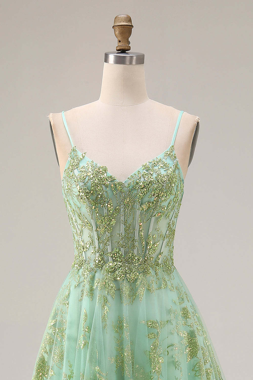 Floral Green A Line Sparkly Spaghetti Straps Long Corset Prom Dress