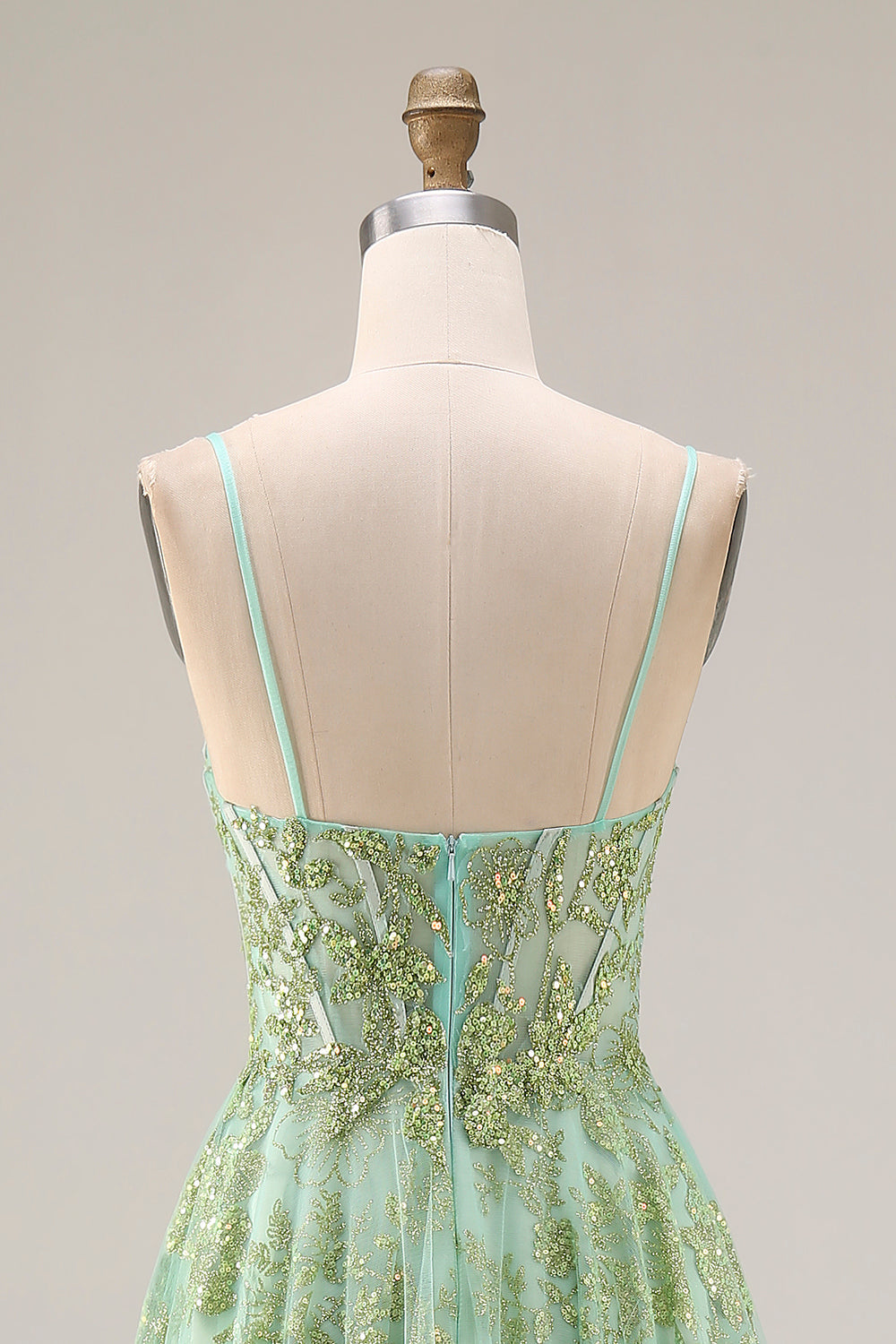Floral Green A Line Sparkly Spaghetti Straps Long Corset Prom Dress