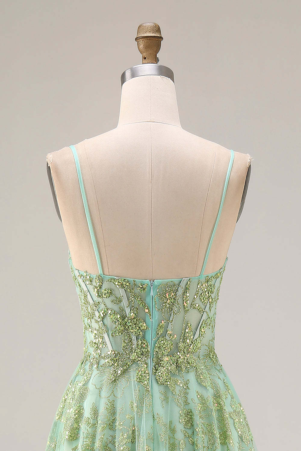 Floral Green A Line Sparkly Spaghetti Straps Long Corset Prom Dress