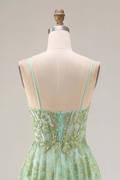 Floral Green A Line Sparkly Spaghetti Straps Long Corset Prom Dress