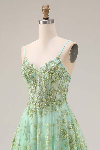 Floral Green A Line Sparkly Spaghetti Straps Long Corset Prom Dress