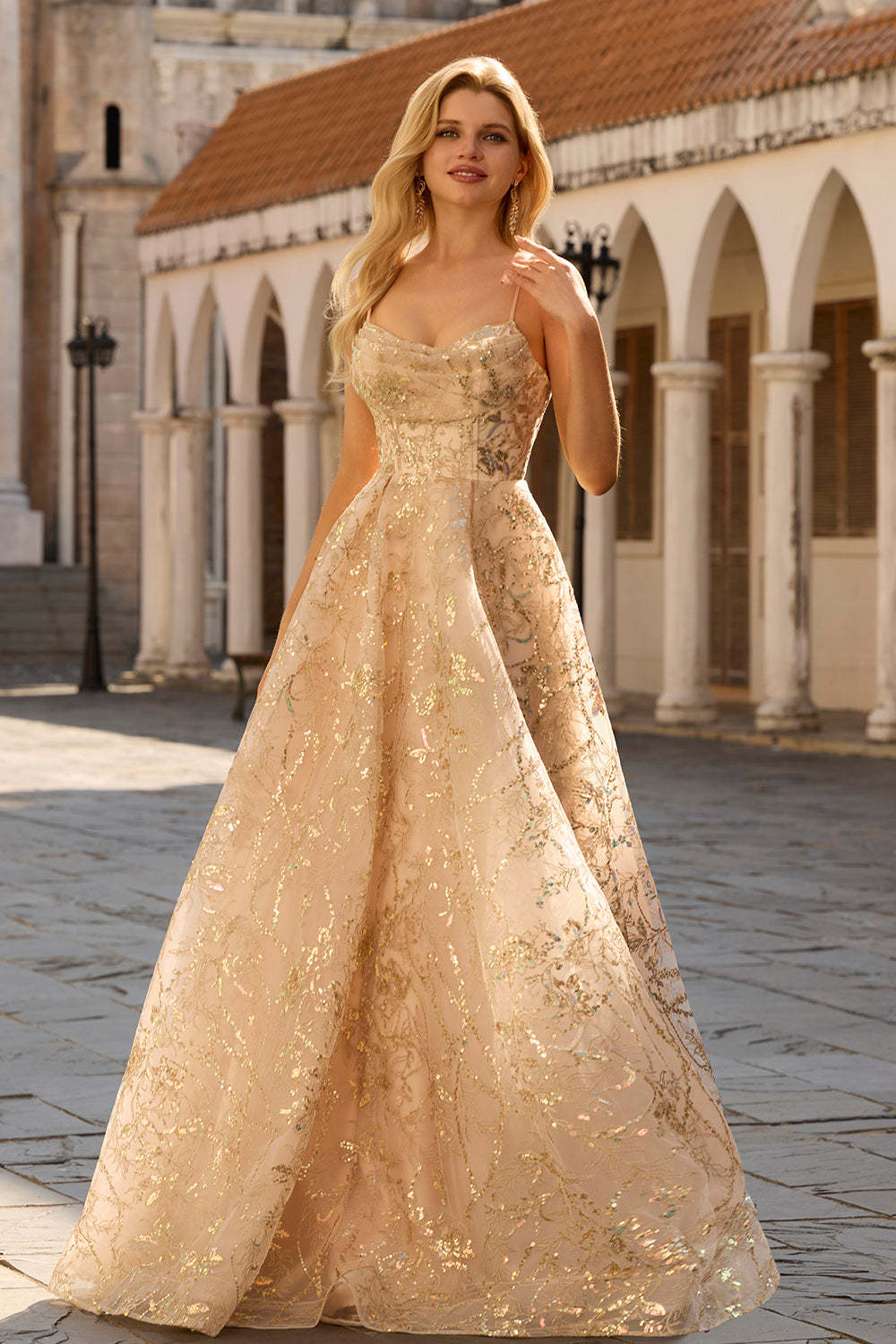 Sparkly Champagne Spaghetti Straps Maxi Prom Dress with Sequins
