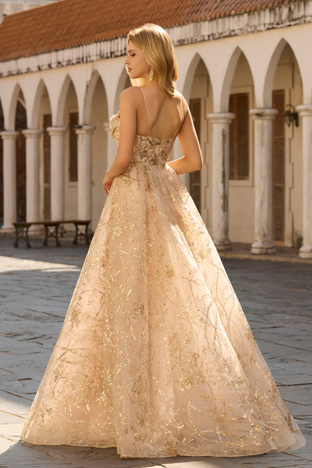 Sparkly Champagne Spaghetti Straps Maxi Prom Dress with Sequins